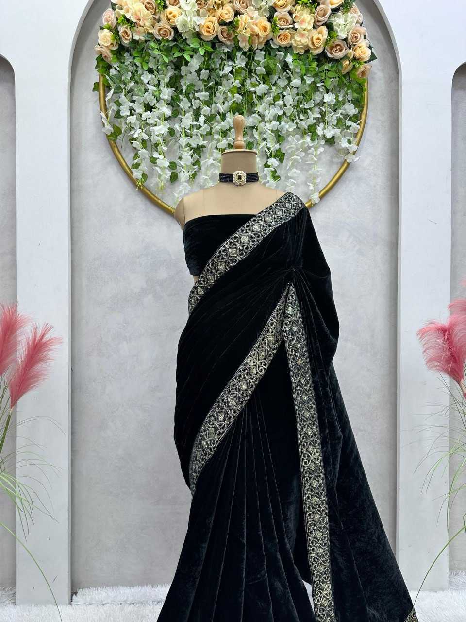 YNF VELVET RIN133 440 SAREES WHOLESALE READY TO WEAR SEQUENCE VELVET PRE DRAPED LACE BORDER SAREES MANUFACTURER