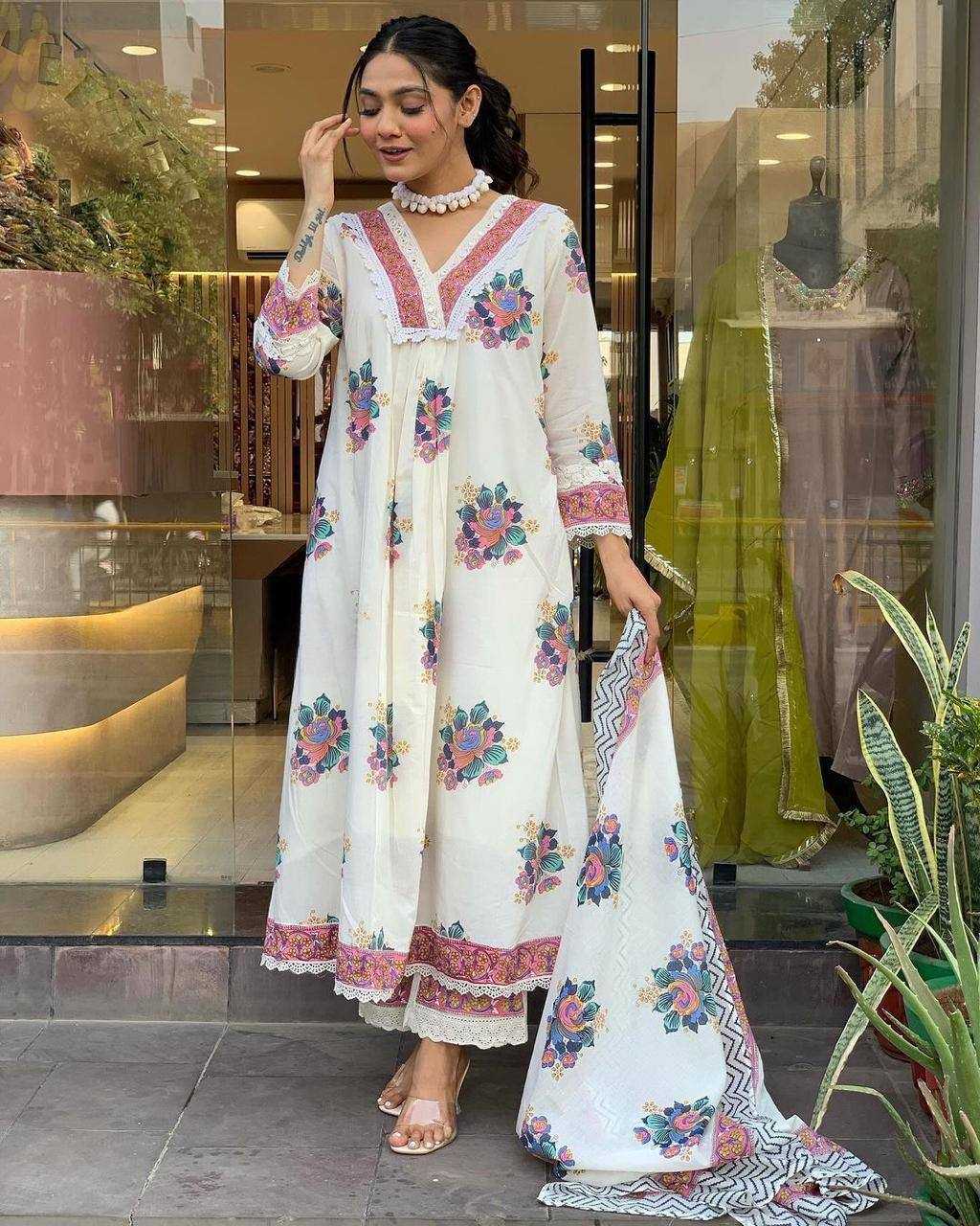 YNF COTTON KESH211 LDY74 SUITS & DRESSES WHOLESALE PRINTED EMBROIDERY COTTON ANARKALI LONG KURTIS WHITE SALWAR SUITS MANUFACTURER