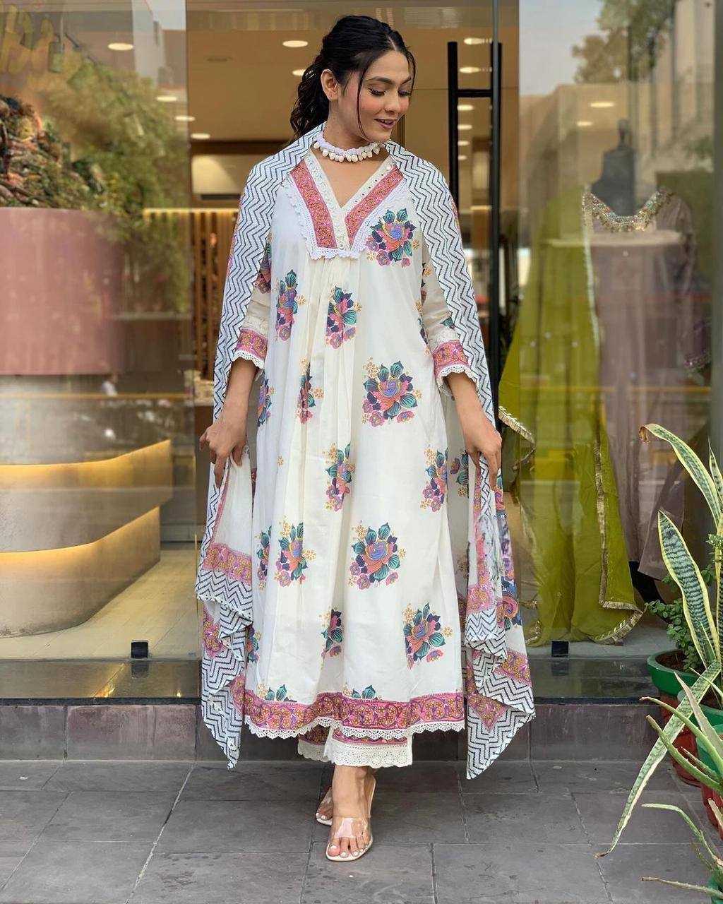 YNF COTTON KESH211 LDY74 SUITS & DRESSES WHOLESALE PRINTED EMBROIDERY COTTON ANARKALI LONG KURTIS WHITE SALWAR SUITS MANUFACTURER