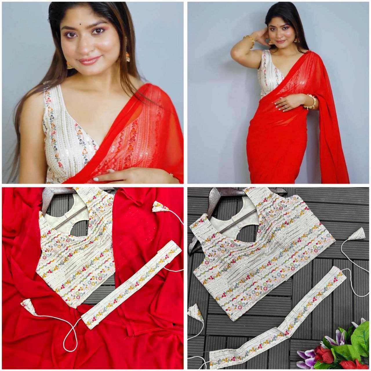 YNF GEORGETTE KESH176 115 SAREES WHOLESALE GEORGETTE PLAIN SOLID SAREE WITH BELT RED SAREES WITH BLOUSE MANUFACTURER