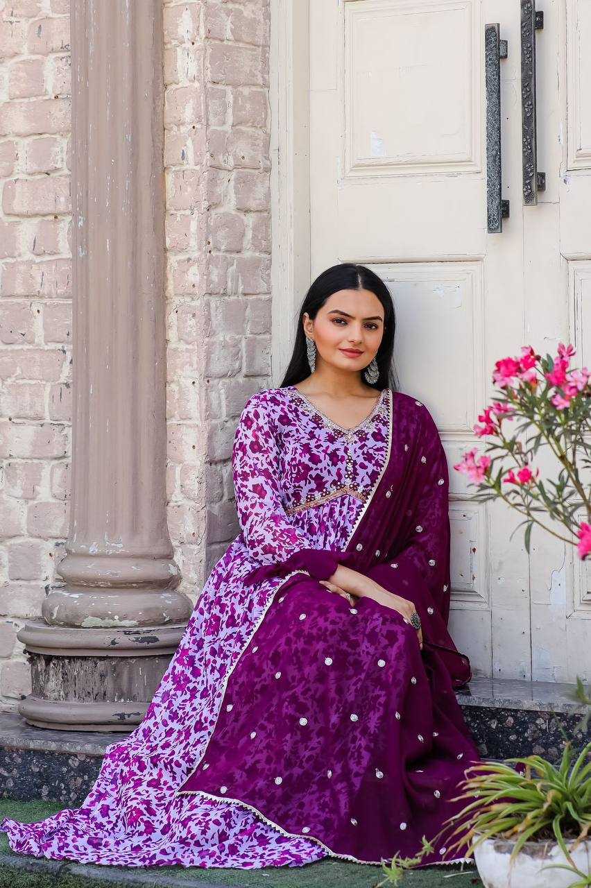 YNF GEORGETTE KESH211 LDY28 GOWNS WHOLESALE PRINTED EMBROIDERY ANARKALI LONG PURPLE GOWNS MANUFACTURER