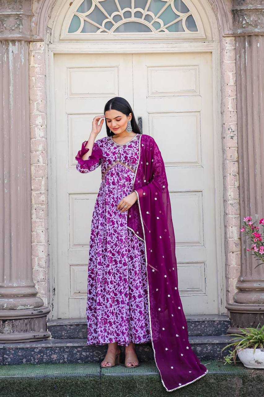 YNF GEORGETTE KESH211 LDY28 GOWNS WHOLESALE PRINTED EMBROIDERY ANARKALI LONG PURPLE GOWNS MANUFACTURER