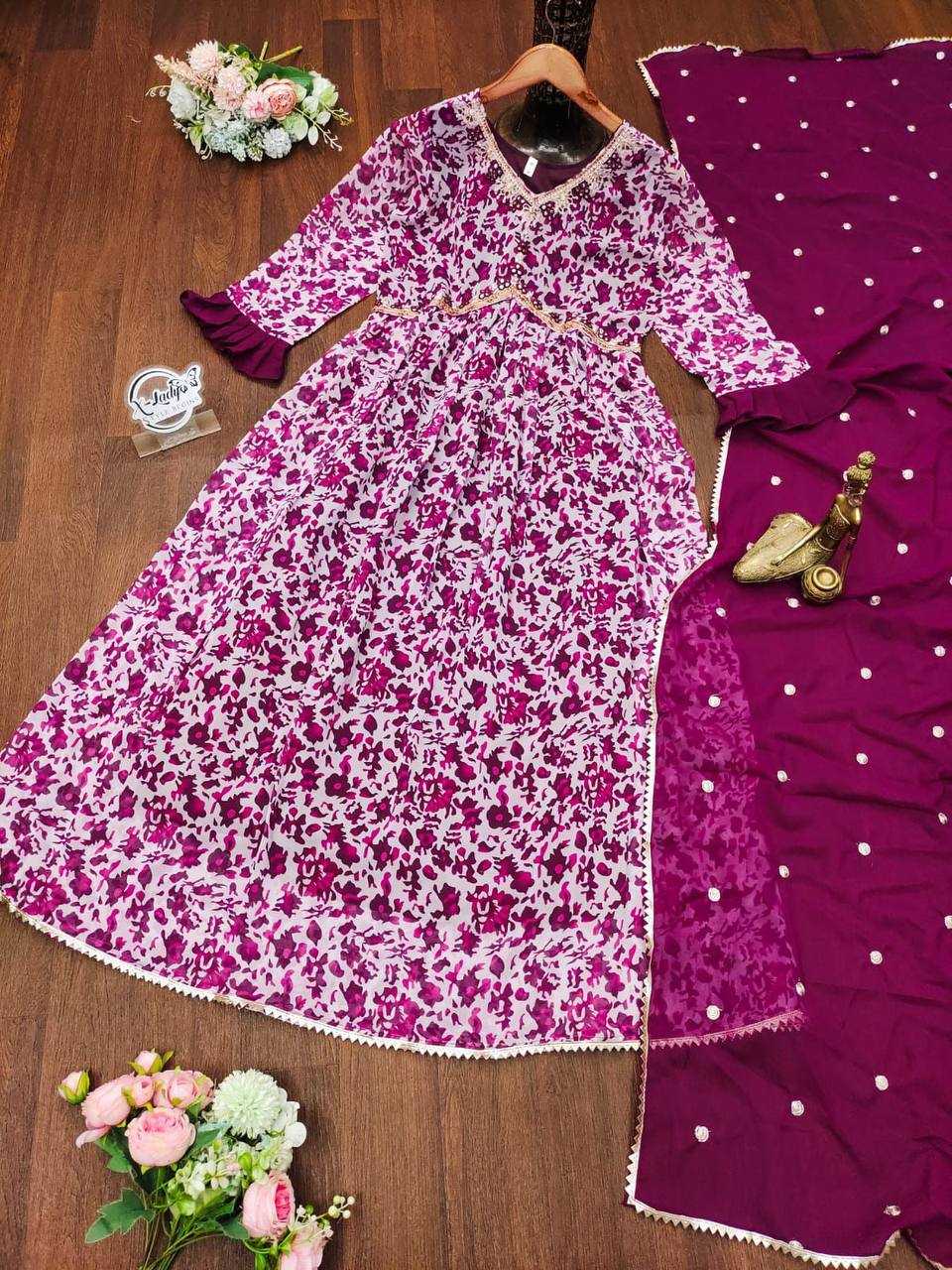 YNF GEORGETTE KESH211 LDY52 GOWNS WHOLESALE PRINTED ANARKALI LONG GEORGETTE GOWN WITH DUPATTA PURPLE GOWNS MANUFACTURER