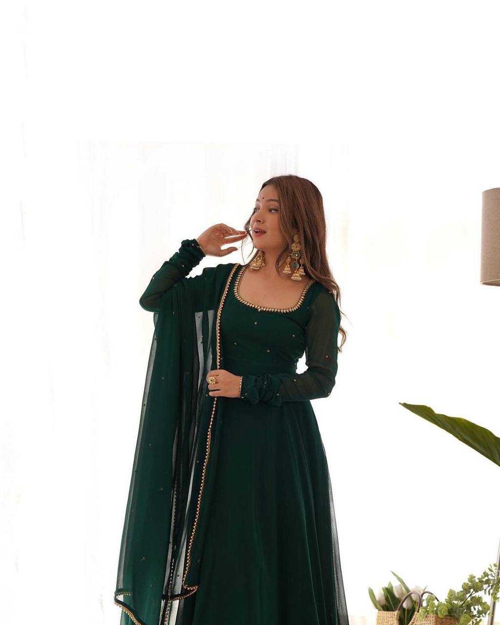 YNF GEORGETTE KESH211 LDY61 GOWNS WHOLESALE ANARKALI LONG GEORGETTE GOWN WITH DUPATTA FULL SLEEVE GREEN GOWNS MANUFACTURER