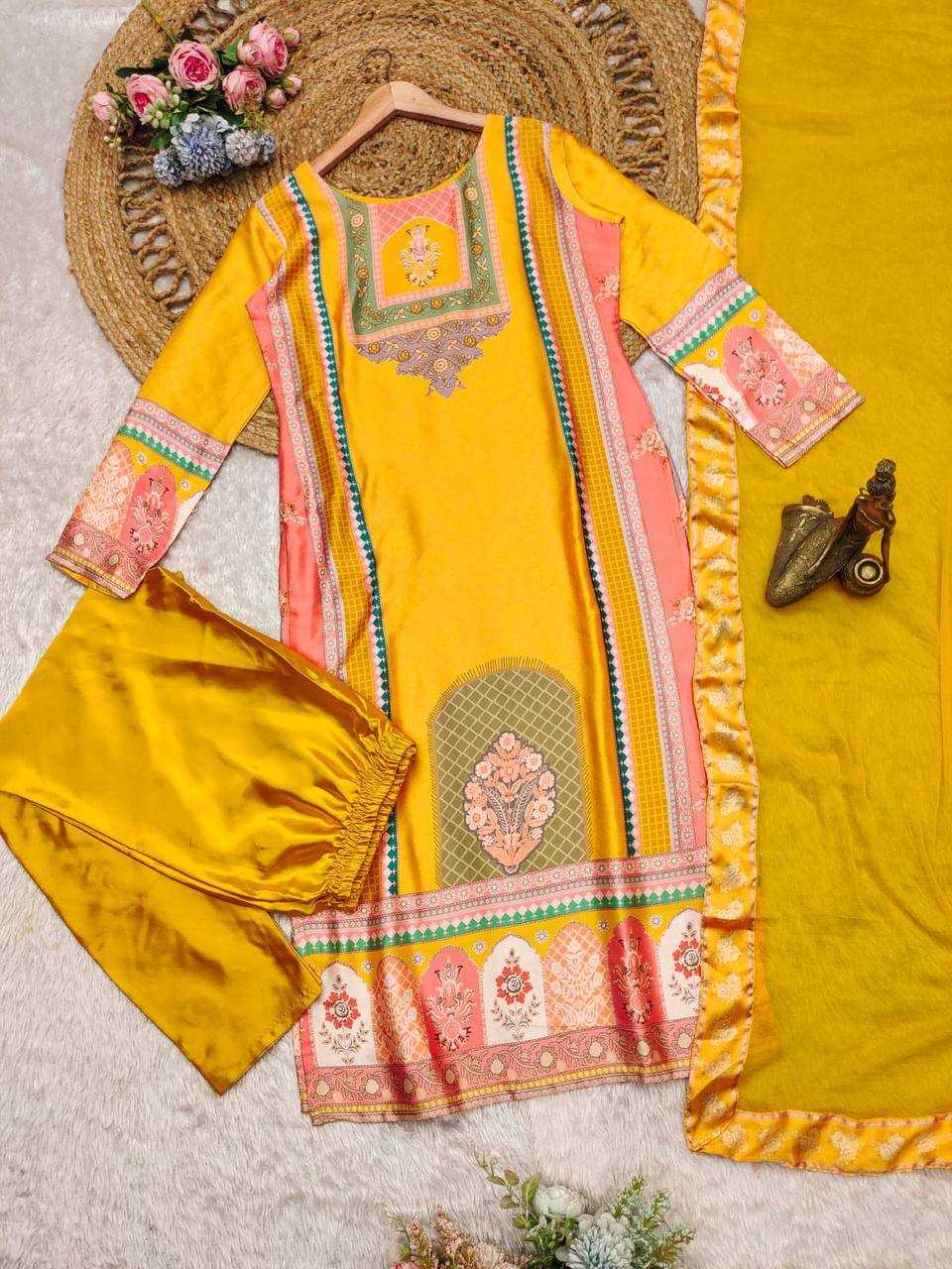 YNF SATIN SILK KESH211 LDY73 SUITS & DRESSES WHOLESALE LADIES PRINTED LADIES SILK YELLOW SALWAR SUITS MANUFACTURER