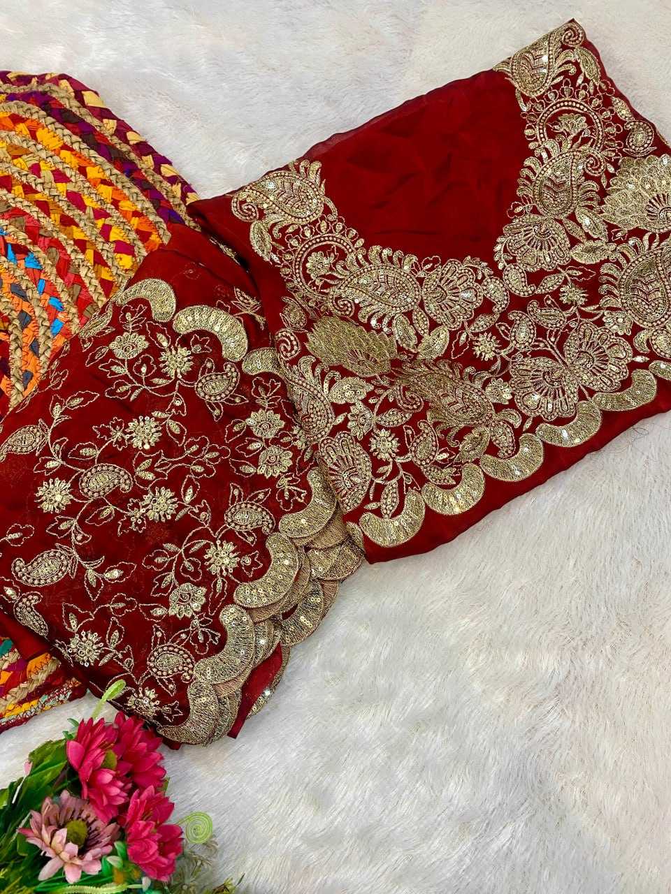 YNF SILK RIN164  RRS69 SAREES WHOLESALE SEQUENCE EMBROIDERED CUTWORK ZARI BORDER RED WEDDING TEEJ KARWA CHAUTH SAREES MANUFACTURER