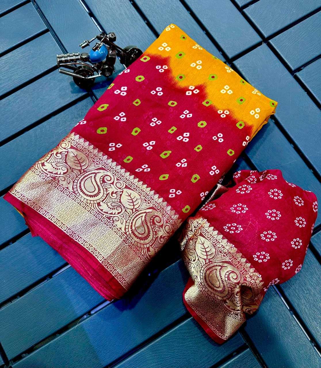 YNF SOFT DOLA KESH110 RADHA22 SAREES WHOLESALE PRINTED BANDHANI BANDHEJ ZARI BORDER SAREES MANUFACTURER