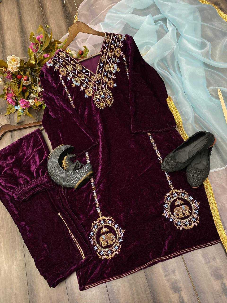 YNF VELVET RIN110 197 SUITS & DRESSES WHOLESALE LADIES KASHMIRI VELVET EMBROIDERY LADIES SILK SUITS  MANUFACTURER