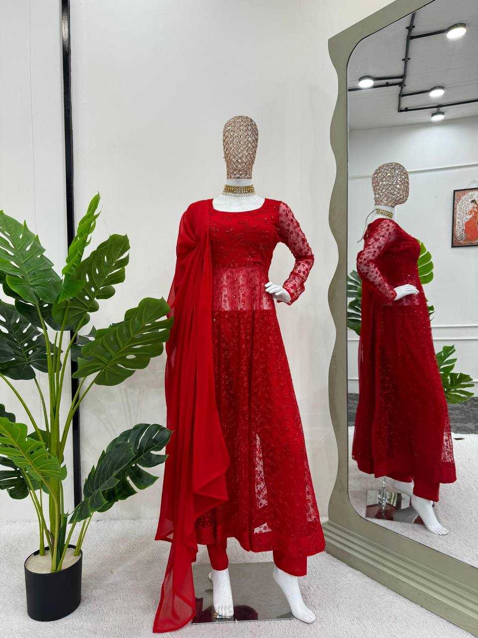 YNF BUTTERFLY NET RIN169 5770 GOWNS WHOLESALE RED NET ANARKALI SEQUIN GOWNS MANUFACTURER - Deevit International