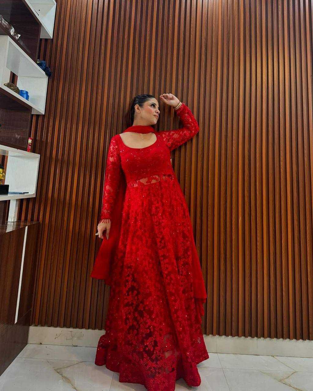 YNF BUTTERFLY NET RIN169 5770 GOWNS WHOLESALE RED NET ANARKALI SEQUIN GOWNS MANUFACTURER - Deevit International