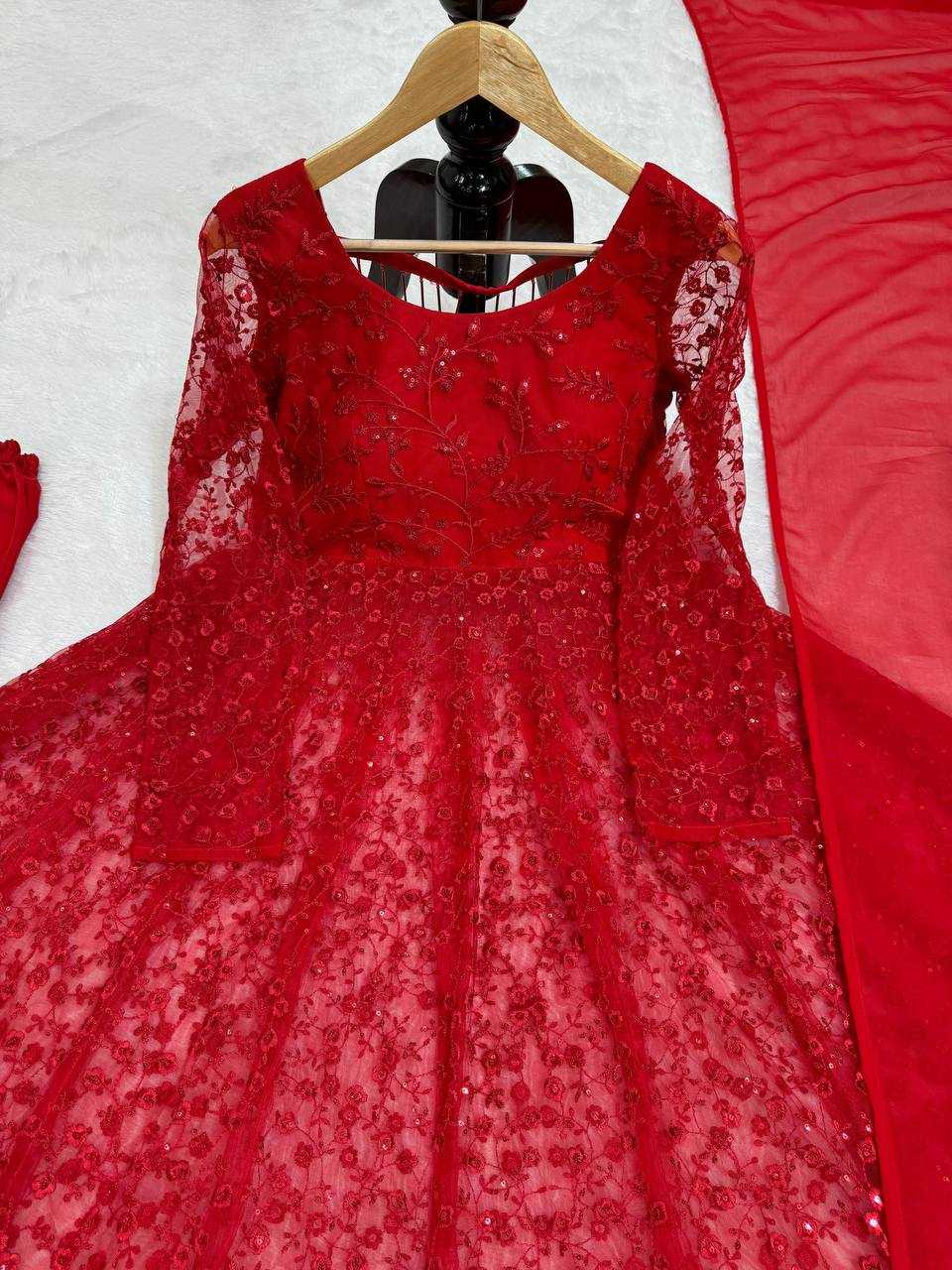 YNF BUTTERFLY NET RIN169 5770 GOWNS WHOLESALE RED NET ANARKALI SEQUIN GOWNS MANUFACTURER - Deevit International