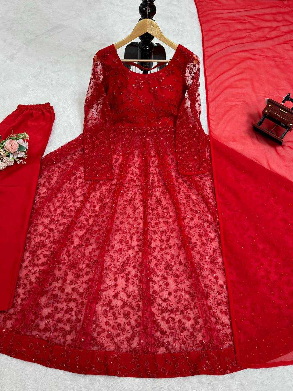 YNF BUTTERFLY NET RIN169 5770 GOWNS WHOLESALE RED NET ANARKALI SEQUIN GOWNS MANUFACTURER - Deevit International