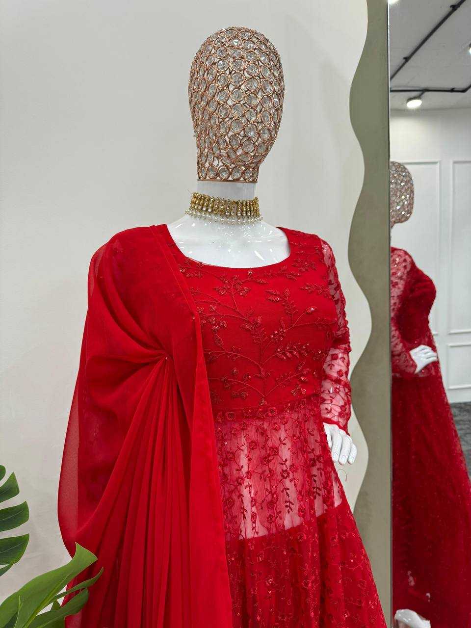 YNF BUTTERFLY NET RIN169 5770 GOWNS WHOLESALE RED NET ANARKALI SEQUIN GOWNS MANUFACTURER - Deevit International