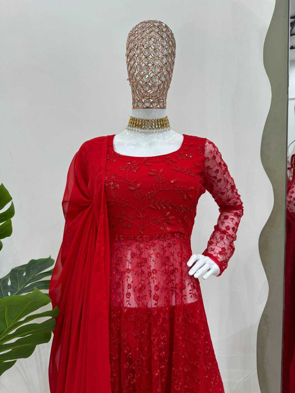 YNF BUTTERFLY NET RIN169 5770 GOWNS WHOLESALE RED NET ANARKALI SEQUIN GOWNS MANUFACTURER - Deevit International