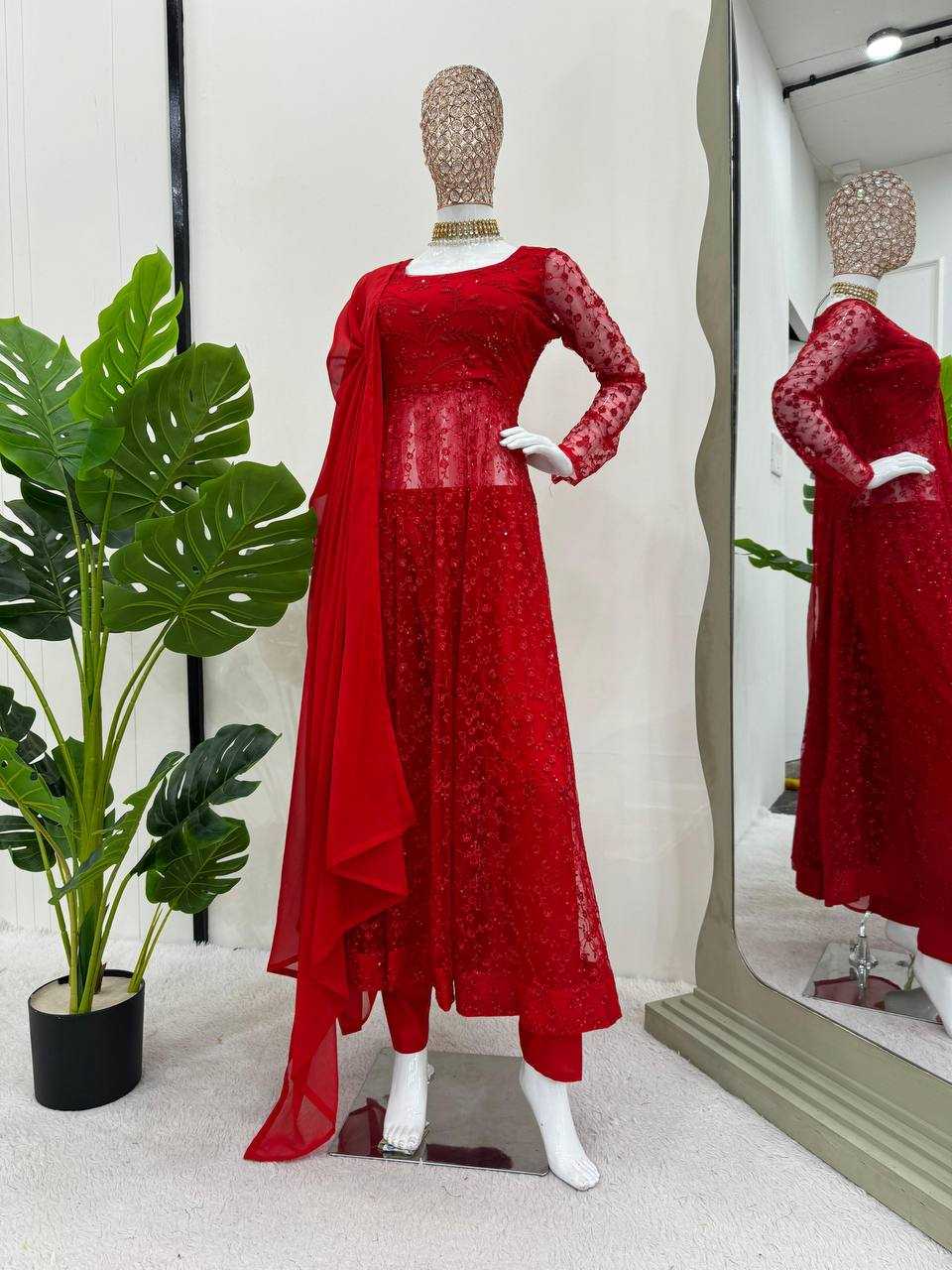 YNF BUTTERFLY NET RIN169 5770 GOWNS WHOLESALE RED NET ANARKALI SEQUIN GOWNS MANUFACTURER - Deevit International