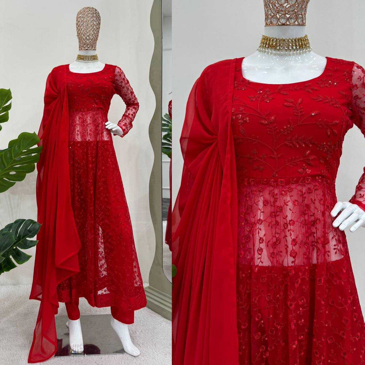 YNF BUTTERFLY NET RIN169 5770 GOWNS WHOLESALE RED NET ANARKALI SEQUIN GOWNS MANUFACTURER - Deevit International