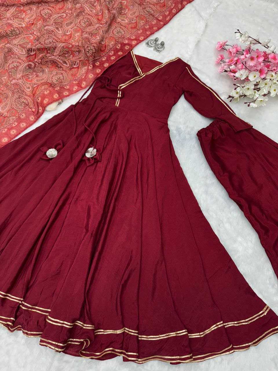 YNF CHINON GOWNS  WHOLESALE FANCY ANARKALI LONG GEOWN WITH DUPATTA MARRON GOWNS MANUFACTURER