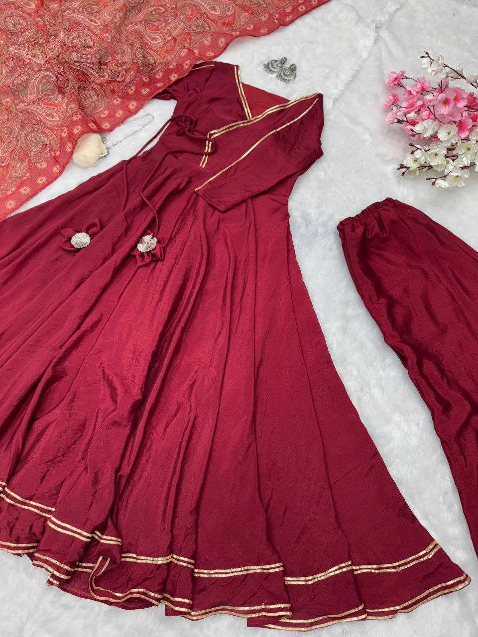 YNF CHINON GOWNS  WHOLESALE FANCY ANARKALI LONG GEOWN WITH DUPATTA MARRON GOWNS MANUFACTURER