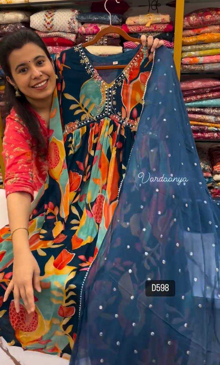 YNF CHINON KESH232 909 SUITS & DRESSES WHOLESALE PRINTED ALIA CUT LADIES BLUE SALWAR SUITS MANUFACTURE - Deevit International