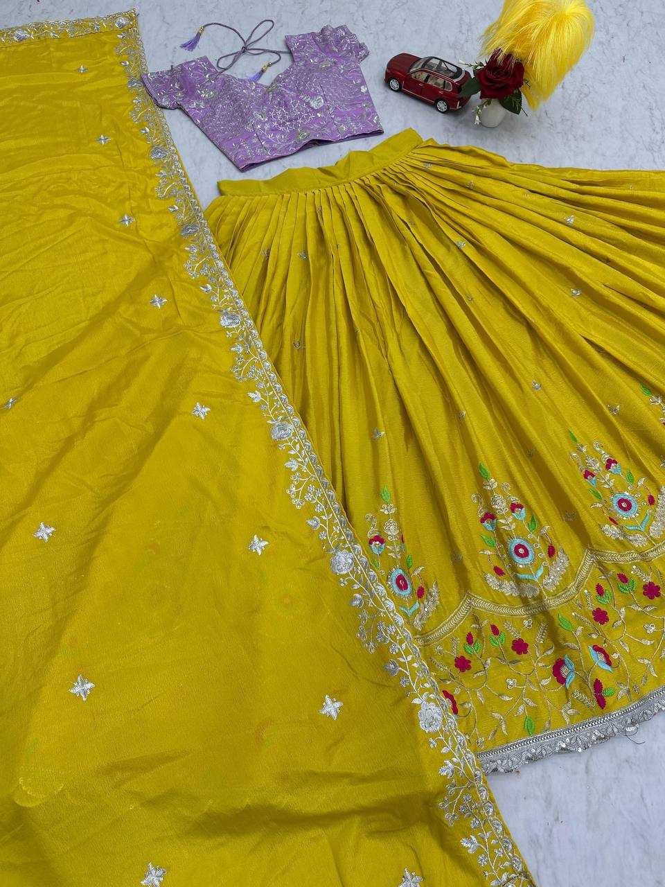 YNF CHINON SILK KESH120 201 LEHENGAS WHOLESALE WEDDING SEQUINS HALDI YELLOW LEHENGAS MANUFACTURER