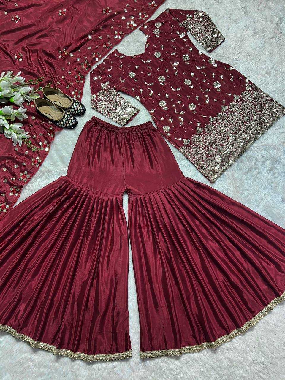 YNF CHINON SILK KESH144 5006 SUITS & DRESSES WHOLESALE SHARAR SALWAR EMBROIDERY LADIES SILK MAROON SALWARSUITS MANUFACTURER