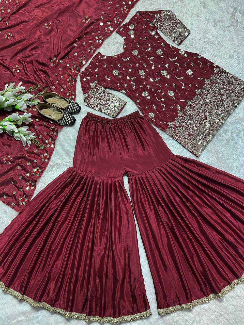 YNF CHINON SILK KESH144 5006 SUITS & DRESSES WHOLESALE SHARAR SALWAR EMBROIDERY LADIES SILK MAROON SALWARSUITS MANUFACTURER