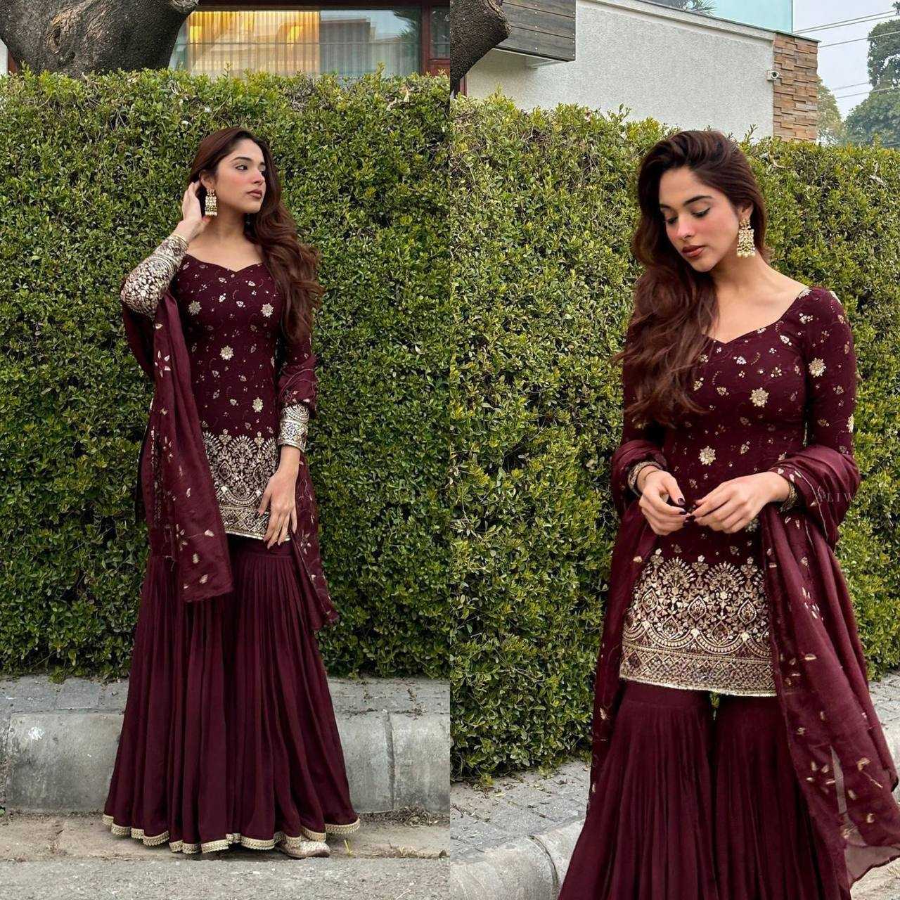 YNF CHINON SILK KESH144 5006 SUITS & DRESSES WHOLESALE SHARAR SALWAR EMBROIDERY LADIES SILK MAROON SALWARSUITS MANUFACTURER