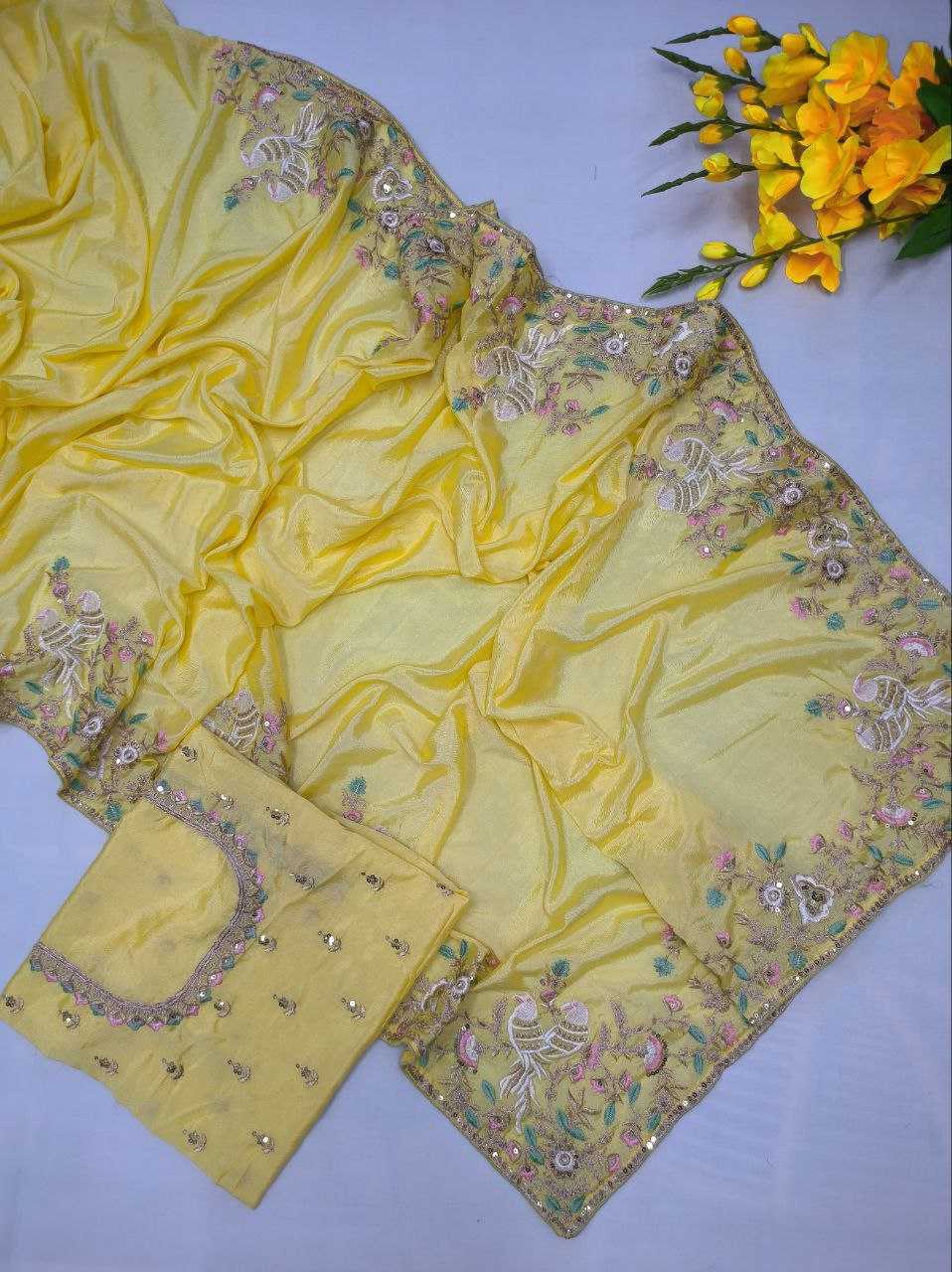 YNF CHINON SILK KESH188 9138 SAREES WHOLESALE SEQUENCE EMBROIDERED SILK YELLOW WEDDINGS SAREES MANUFACTURER