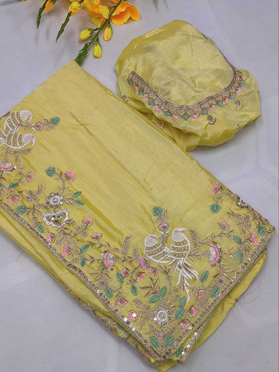 YNF CHINON SILK KESH188 9138 SAREES WHOLESALE SEQUENCE EMBROIDERED SILK YELLOW WEDDINGS SAREES MANUFACTURER