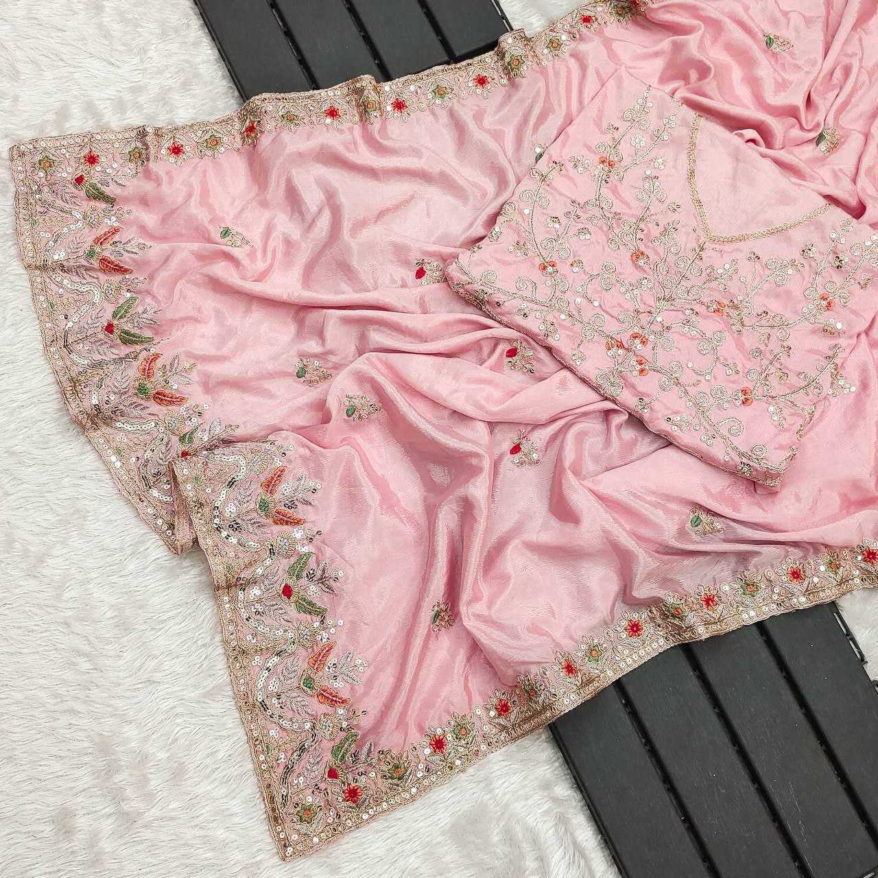 YNF CHINON SILK KESH188 9146 SAREES WHOLESALE SEQUENCE EMBROIDERED SILK PINK SAREES MANUFACTURER