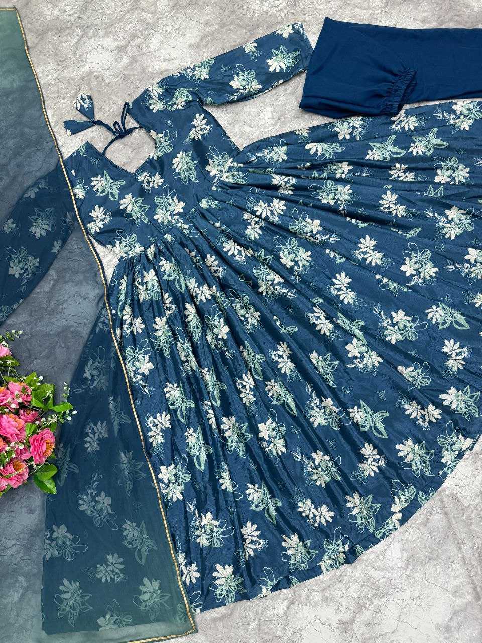 YNF CHINON SILK KESH188 9215 GOWNS WHOLESALE PRINTED ANARKALI LONG SILK FULL SLEEVE BLUE GOWNS MANUFACTURER