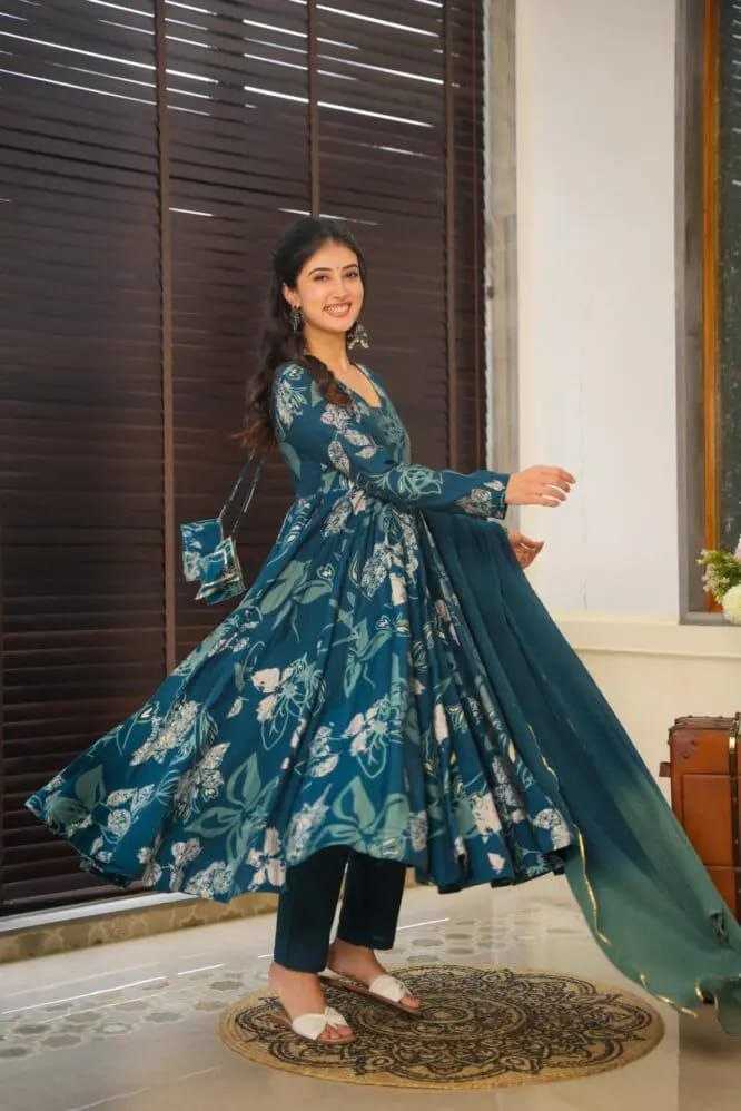 YNF CHINON SILK KESH188 9215 GOWNS WHOLESALE PRINTED ANARKALI LONG SILK FULL SLEEVE BLUE GOWNS MANUFACTURER