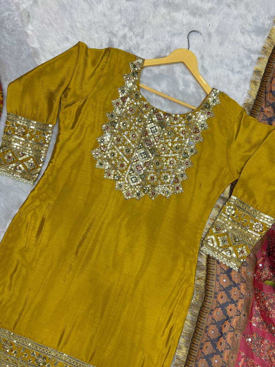 YNF CHINON SILK KESH227 1019 SUITS & DRESSES WHOLESALE LADIES EMBROIDERY PALAZZO LADIES SILK YELLOW SALWAR SUITS MANUFACTURER