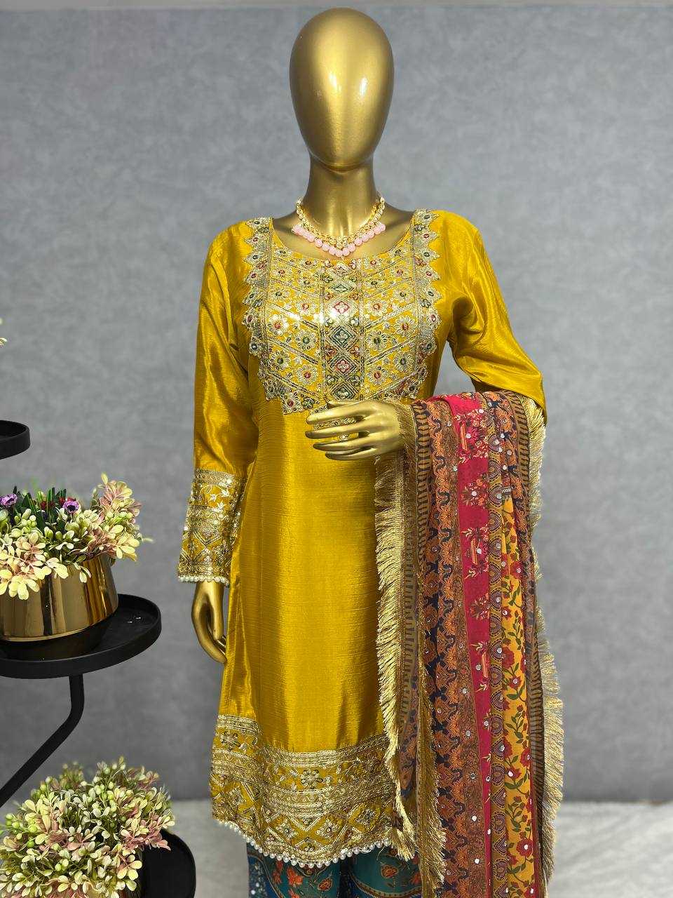 YNF CHINON SILK KESH227 1019 SUITS & DRESSES WHOLESALE LADIES EMBROIDERY PALAZZO LADIES SILK YELLOW SALWAR SUITS MANUFACTURER