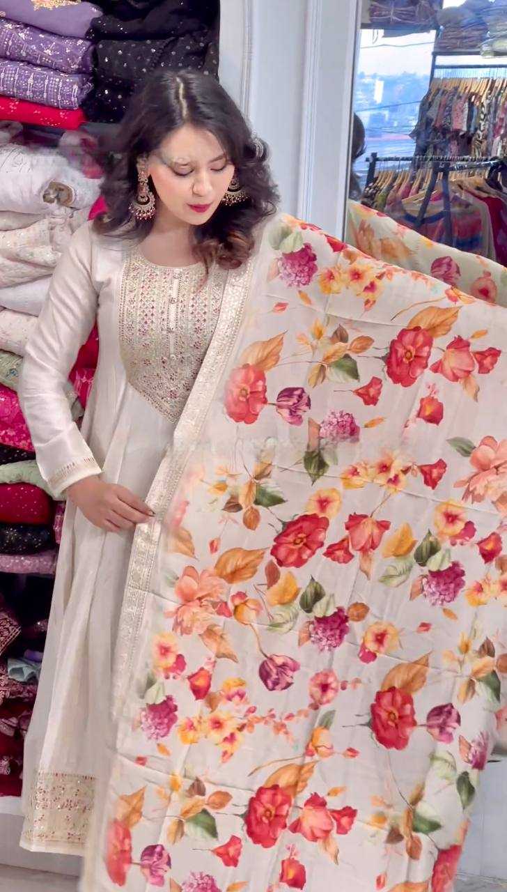 YNF CHINON SILK KESH227 1022 GOWNS WHOLESALE EMBROIDERY ANARKALI LONG SILK FULL SLEEVE WHITE GOWNS MANUFACTURER