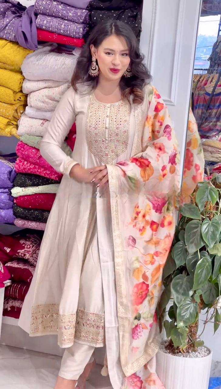 YNF CHINON SILK KESH227 1022 GOWNS WHOLESALE EMBROIDERY ANARKALI LONG SILK FULL SLEEVE WHITE GOWNS MANUFACTURER