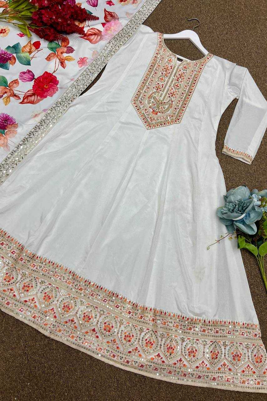 YNF CHINON SILK KESH227 1022 GOWNS WHOLESALE EMBROIDERY ANARKALI LONG SILK FULL SLEEVE WHITE GOWNS MANUFACTURER