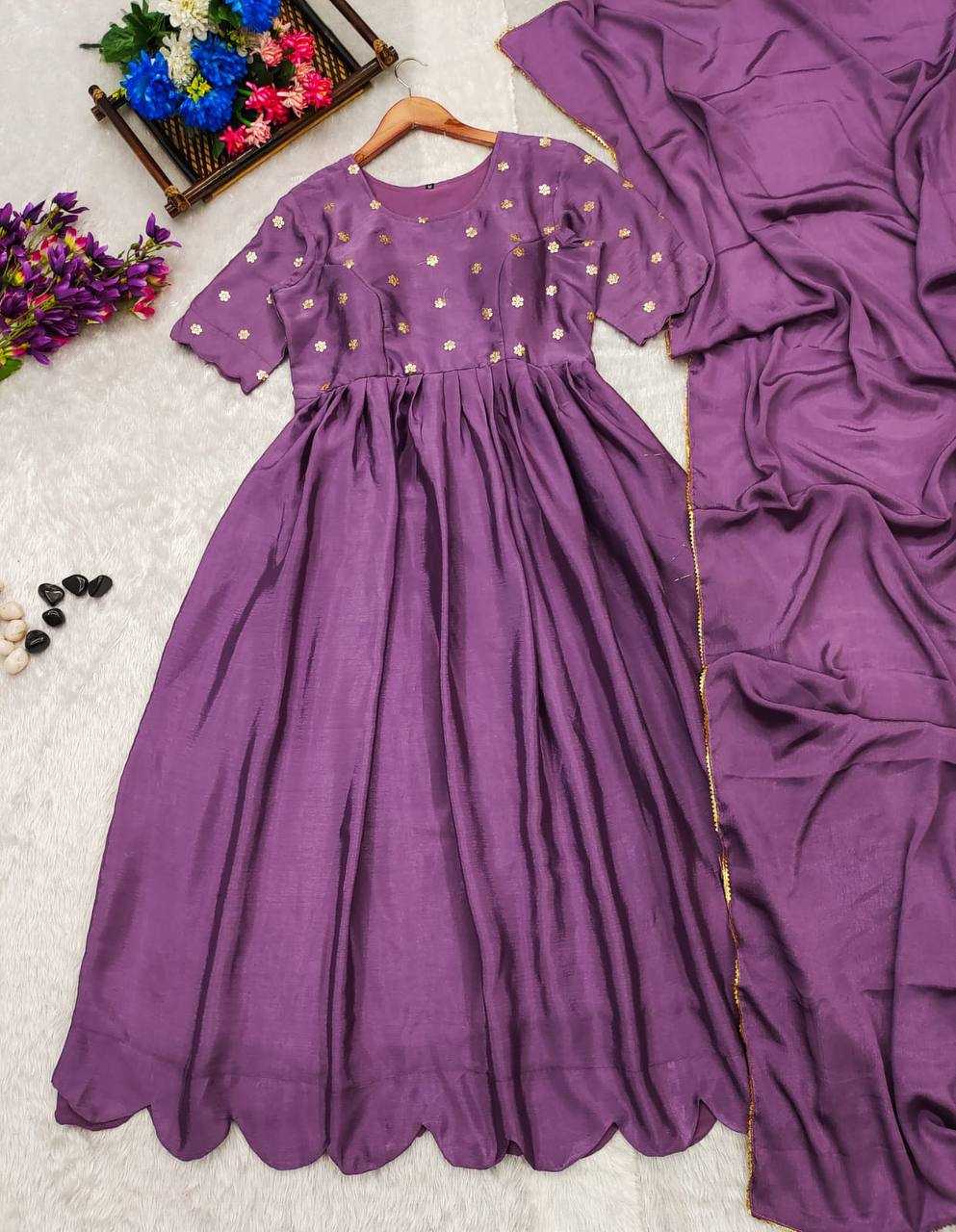 YNF CHINON SILK KESH232 983 GOWNS WHOLESALE FANCY ANARKALI SILK PURPLE GOWNS MANUFACTURER - Deevit International