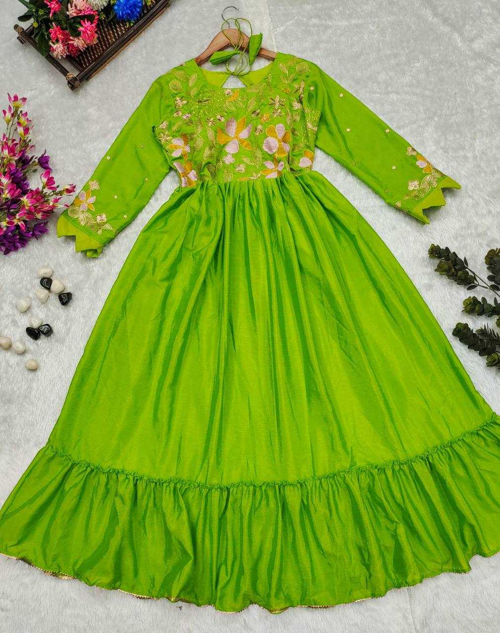 YNF CHINON SILK KESH232 997 GOWNS WHOLESALE EMBROIDERY LONG SILK GREEN GOWNS MANUFACTURER - Deevit International