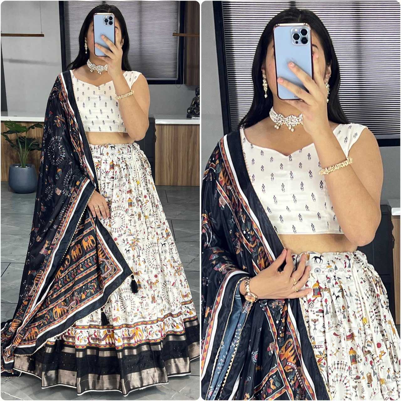 YNF DOLA SILK RIN119 6140 LEHENGAS WHOLESALE TRADITIONAL SILK PRINTED WHITE LEHENGAS MANUFACTURER - Deevit International