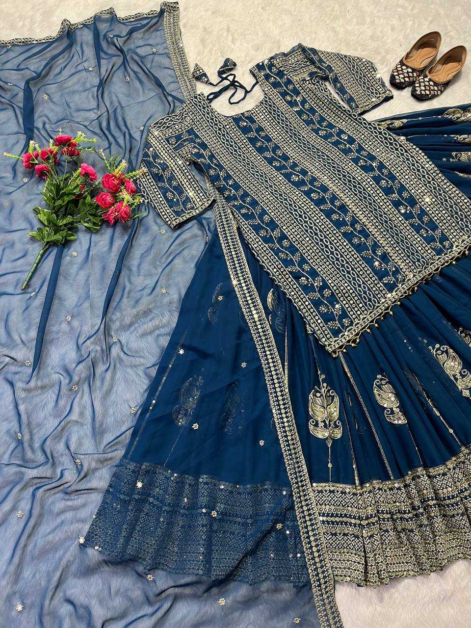 YNF FAUX GEORGETTE KESH145 3011 LEHENGAS WHOLESALE GEORGETTE EMBROIDERED BLUE LEHENGAS MANUFACTURER - Deevit International