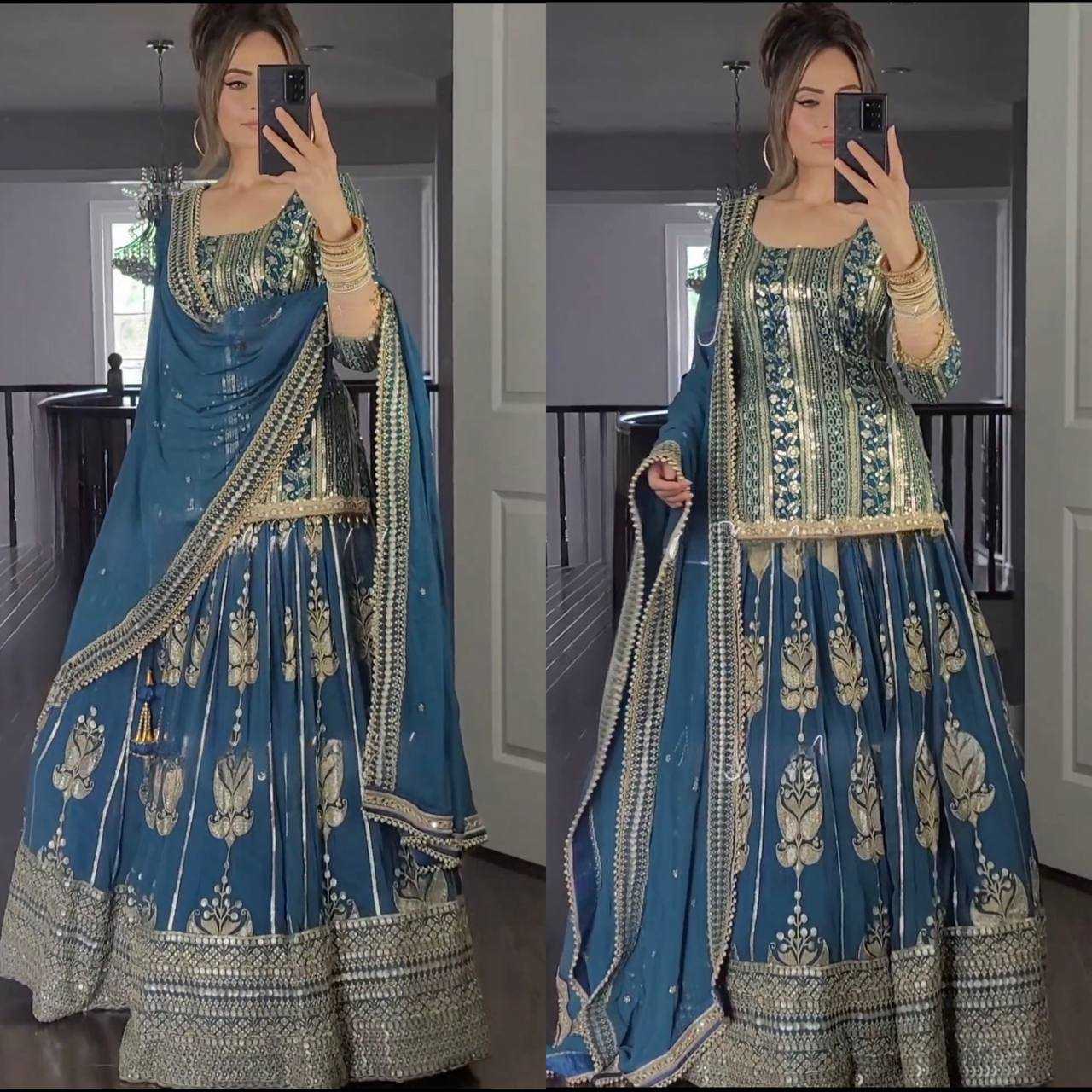 YNF FAUX GEORGETTE KESH145 3011 LEHENGAS WHOLESALE GEORGETTE EMBROIDERED BLUE LEHENGAS MANUFACTURER - Deevit International