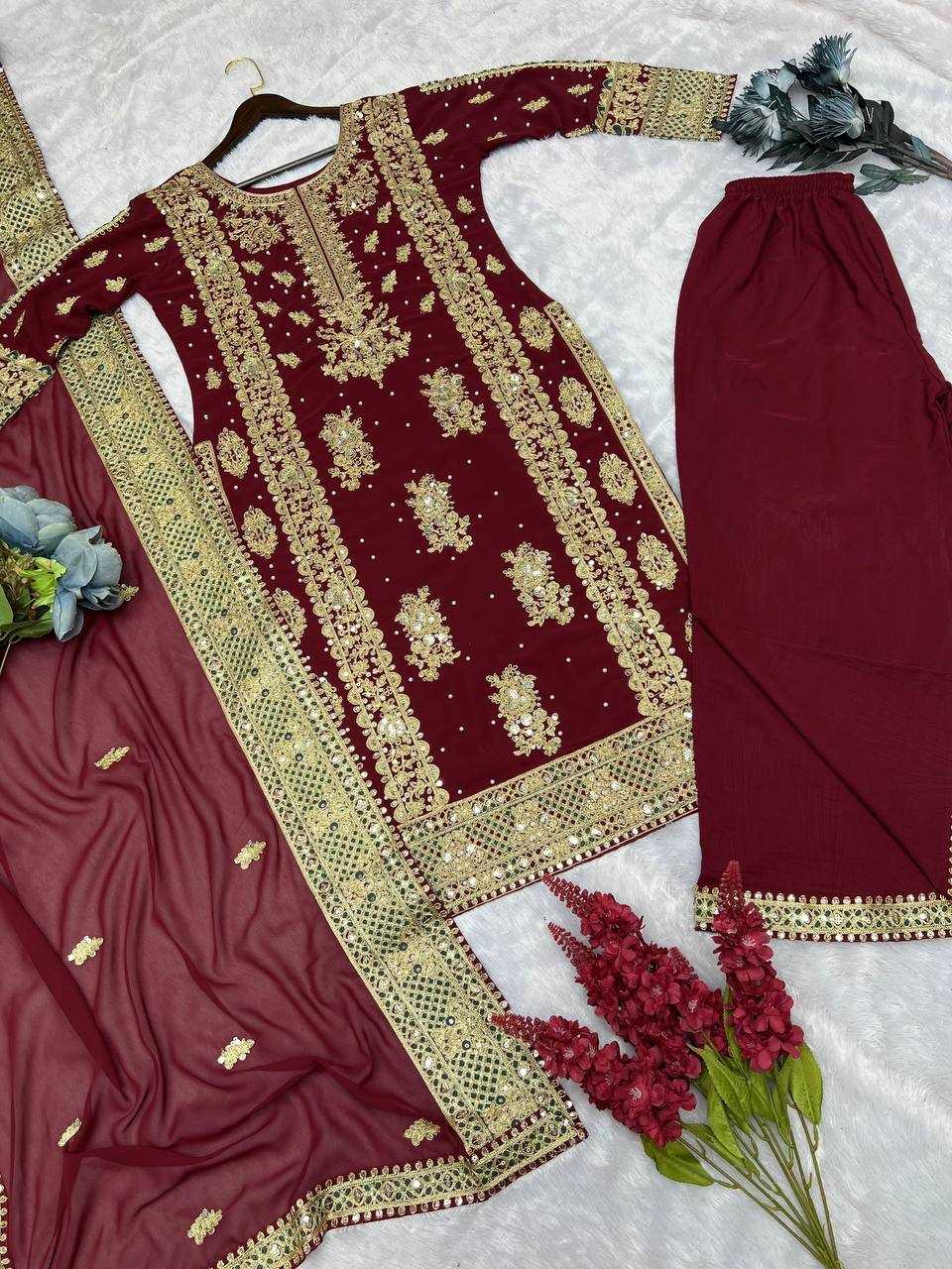 YNF FAUX GEORGETTE KESH157 1677 SUITS & DRESSES GEORGETTE EMBROIDERY LONG KURTI MAROON SALWAR WHOLESALE PAKISTANI LADIES SILK LONG KURTIS SUITS MANUFACTURER - Deevit International