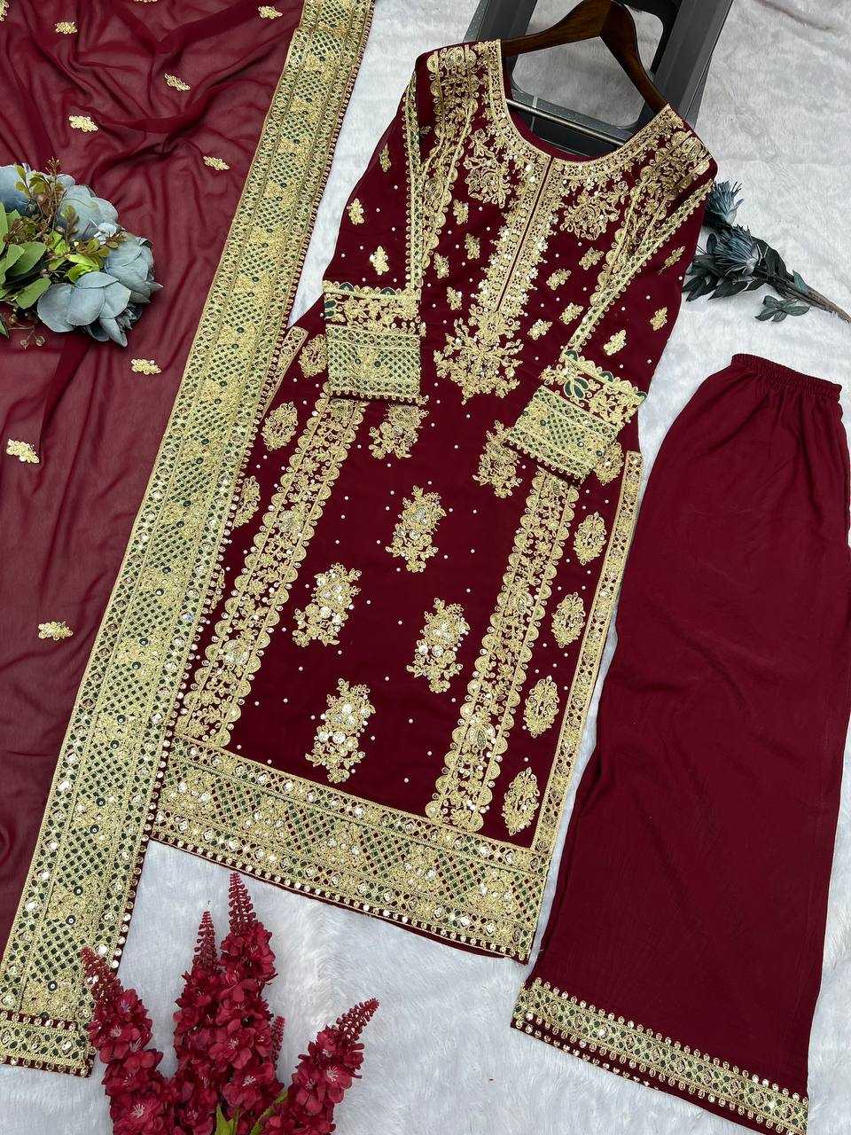 YNF FAUX GEORGETTE KESH157 1677 SUITS & DRESSES GEORGETTE EMBROIDERY LONG KURTI MAROON SALWAR WHOLESALE PAKISTANI LADIES SILK LONG KURTIS SUITS MANUFACTURER - Deevit International