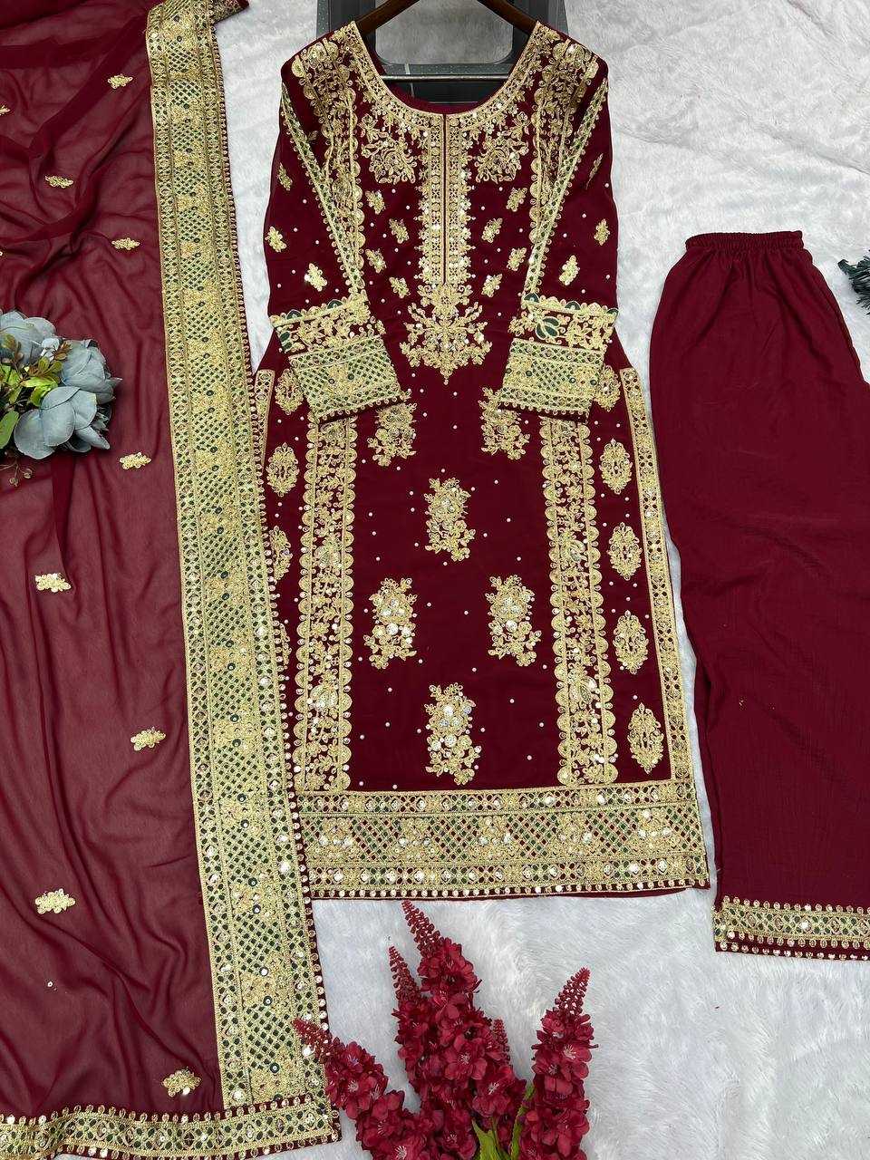 YNF FAUX GEORGETTE KESH157 1677 SUITS & DRESSES GEORGETTE EMBROIDERY LONG KURTI MAROON SALWAR WHOLESALE PAKISTANI LADIES SILK LONG KURTIS SUITS MANUFACTURER - Deevit International