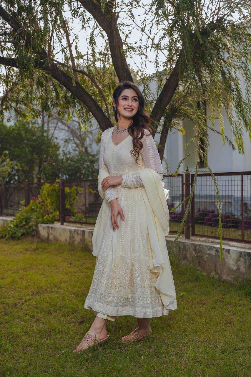 YNF FAUX GEORGETTE KESH164 43 GOWNS WHOLESALE ANARKALI GEORGETTE EMBROIDERY WHITE GOWNS MANUFACTURER