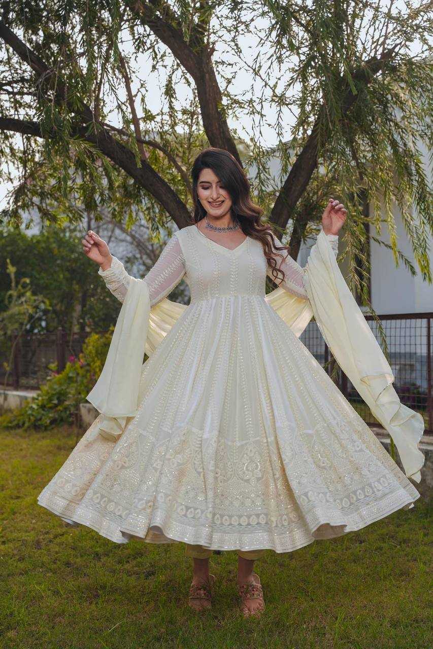 YNF FAUX GEORGETTE KESH164 43 GOWNS WHOLESALE ANARKALI GEORGETTE EMBROIDERY WHITE GOWNS MANUFACTURER