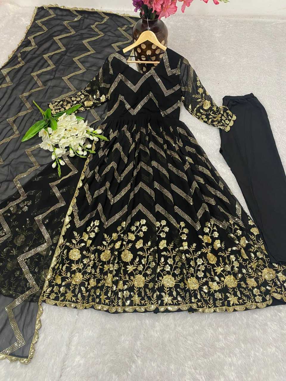 YNF FAUX GEORGETTE KESH164 G51 GOWNS WHOLESALE GEORGETTE EMBROIDERY ANARKALI BLACK GOWNS MANUFACTURER