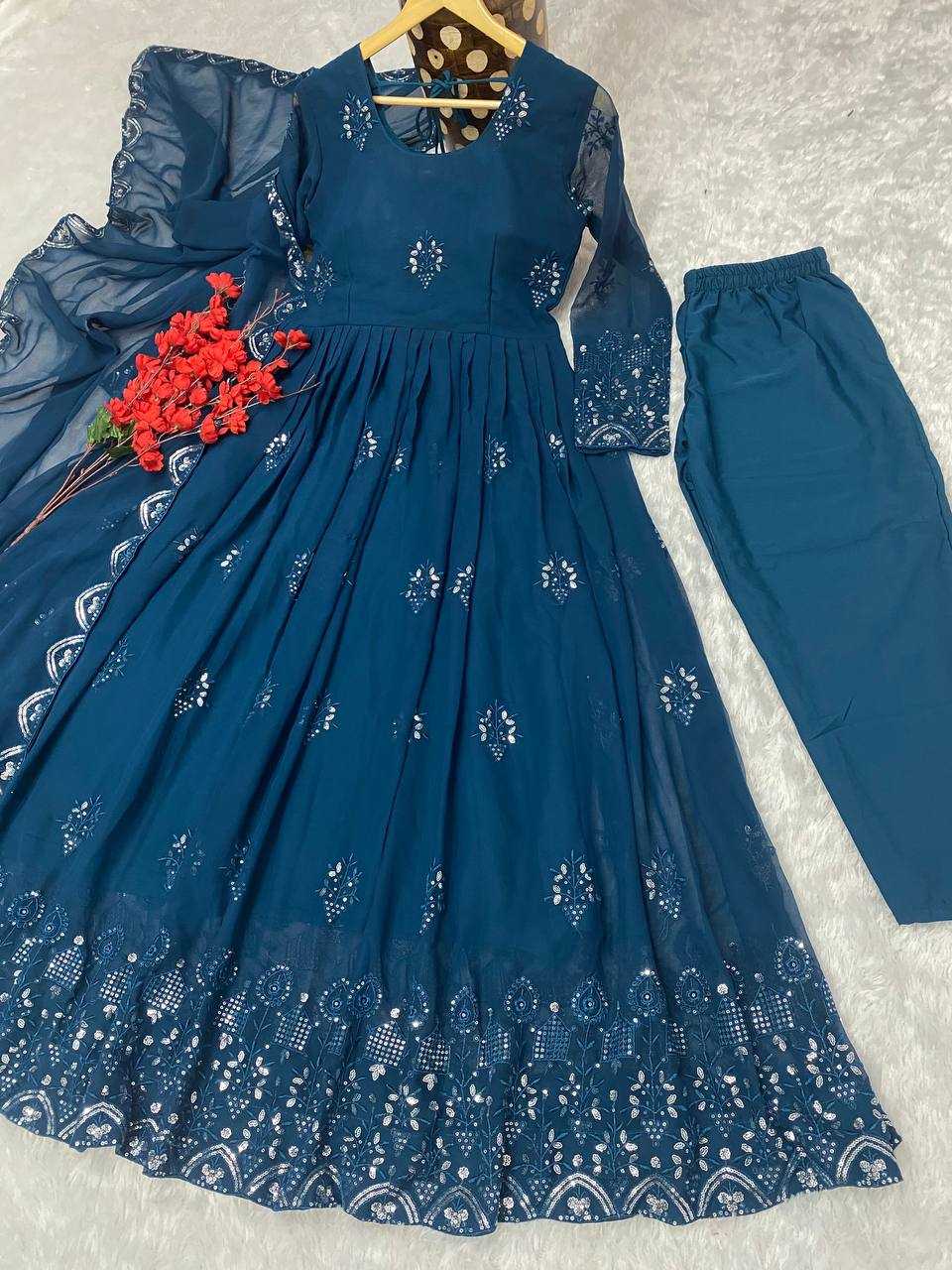 YNF FAUX GEORGETTE KESH164 G55 GOWNS WHOLESALE EMBROIDERED ANARKALI GEORGETTE BLUE GOWNS MANUFACTURER - Deevit International