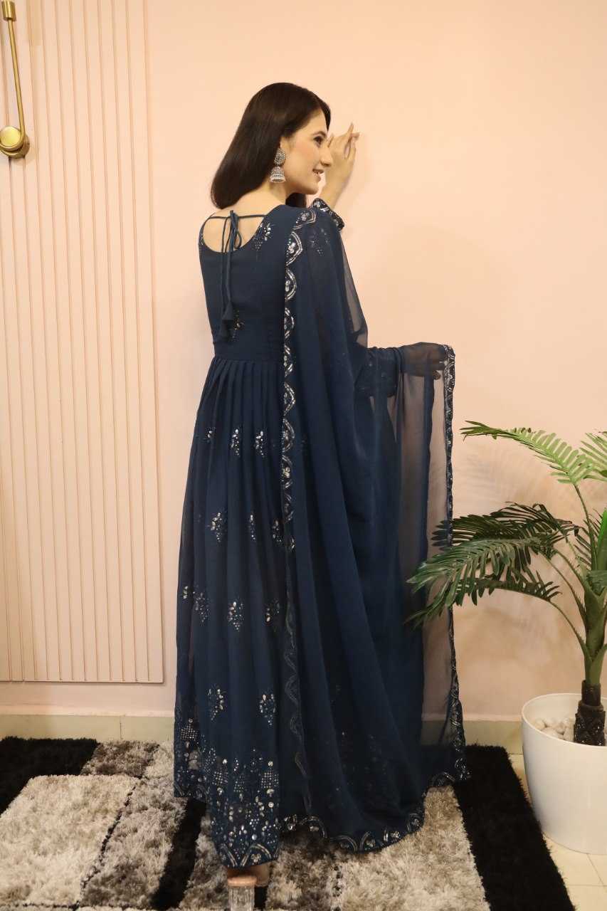 YNF FAUX GEORGETTE KESH164 G55 GOWNS WHOLESALE EMBROIDERED ANARKALI GEORGETTE BLUE GOWNS MANUFACTURER - Deevit International